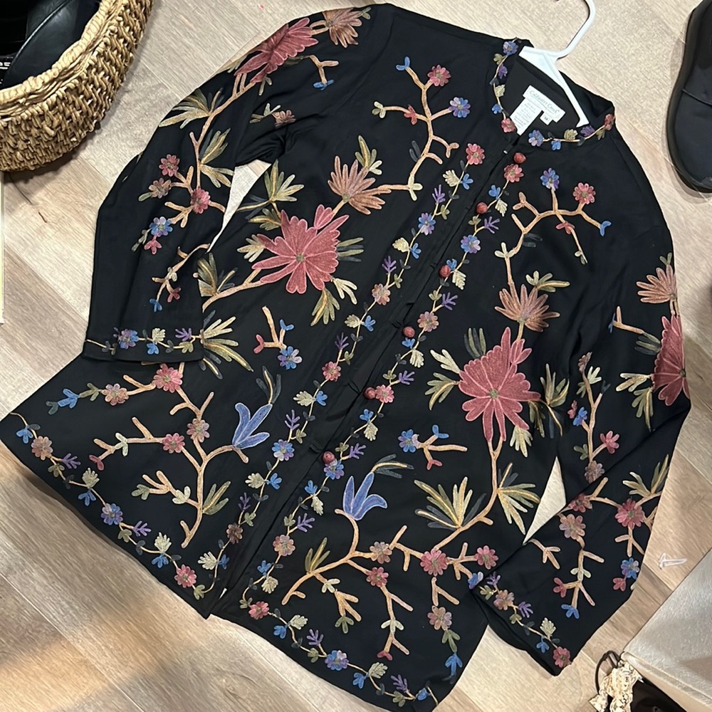 Coldwater Greek floral embroidery wool  thin coat, size M, oversized